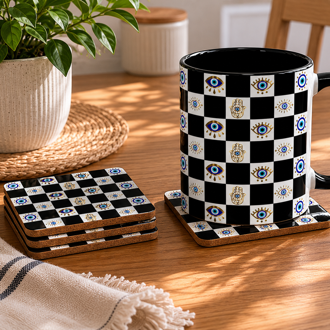 Black and white checkered mug with decorative elements on a wooden table.