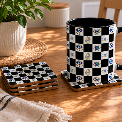 Black and white checkered mug with decorative elements on a wooden table.
