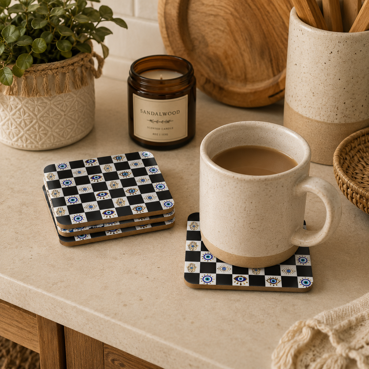 Ceramic mug with coffee on a checkered coaster, surrounded by decorative items on a table.