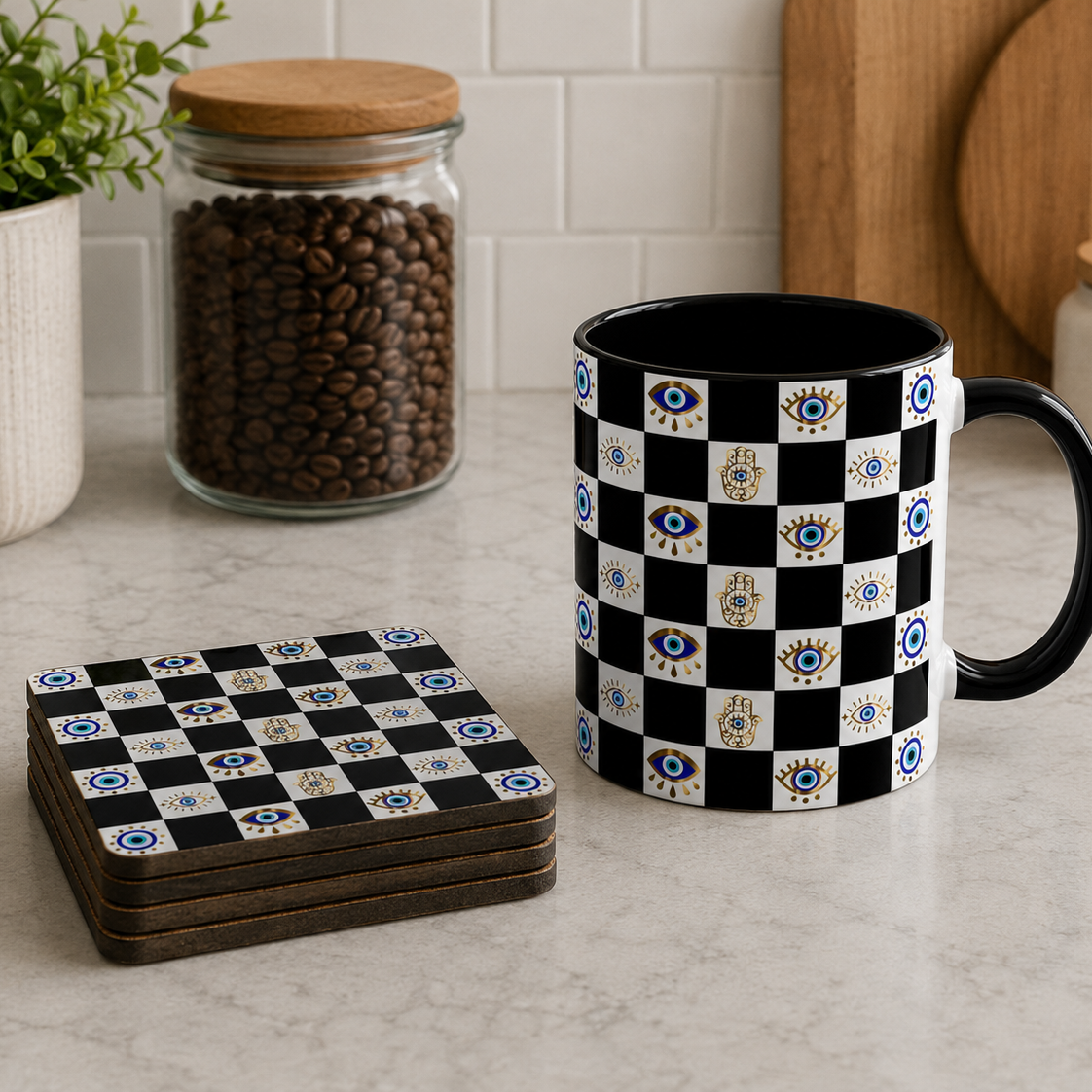Black and white checkered mug and coasters on a kitchen counter with coffee beans and a plant in the background.