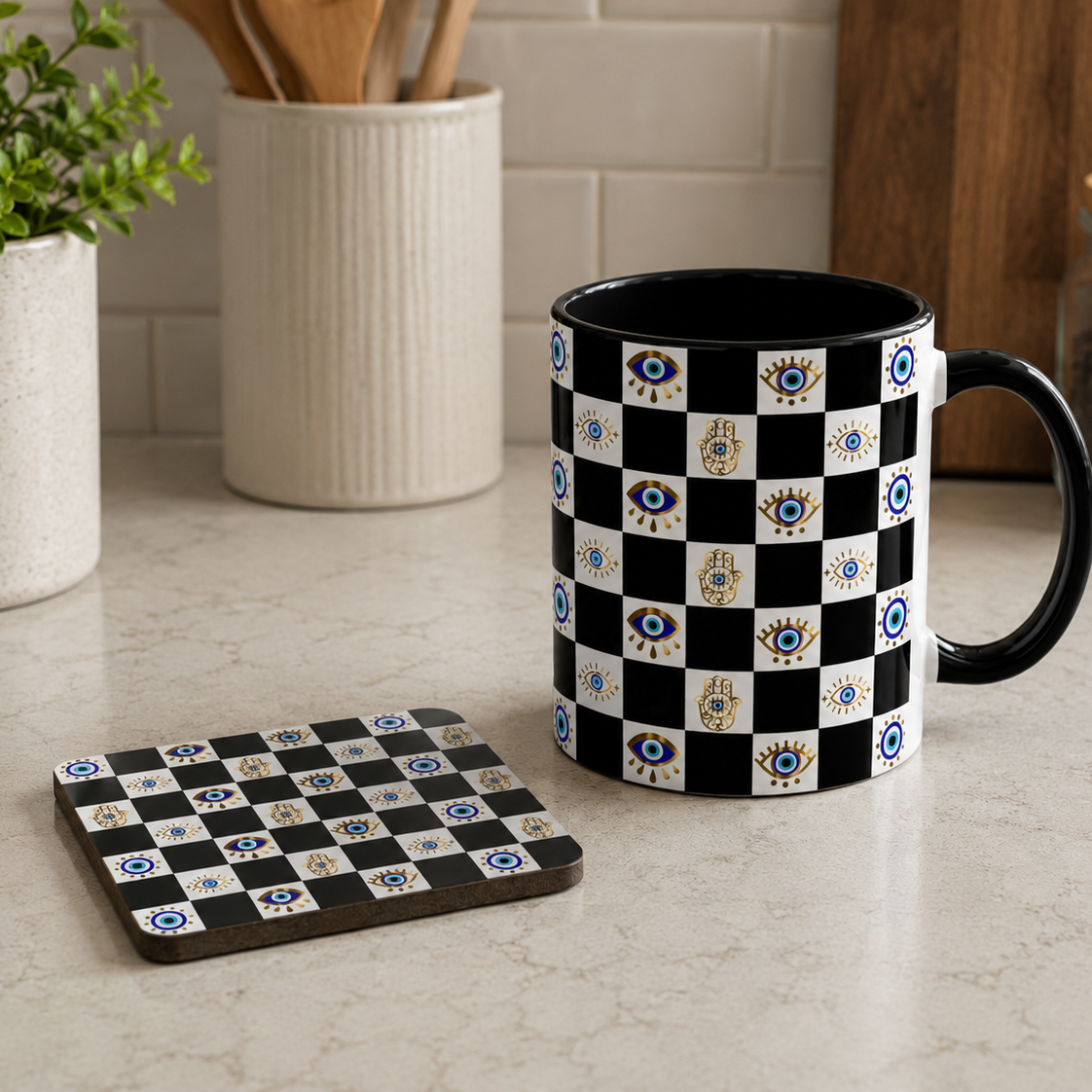 Checkered mug and coaster on a kitchen counter with plants and jars in the background.