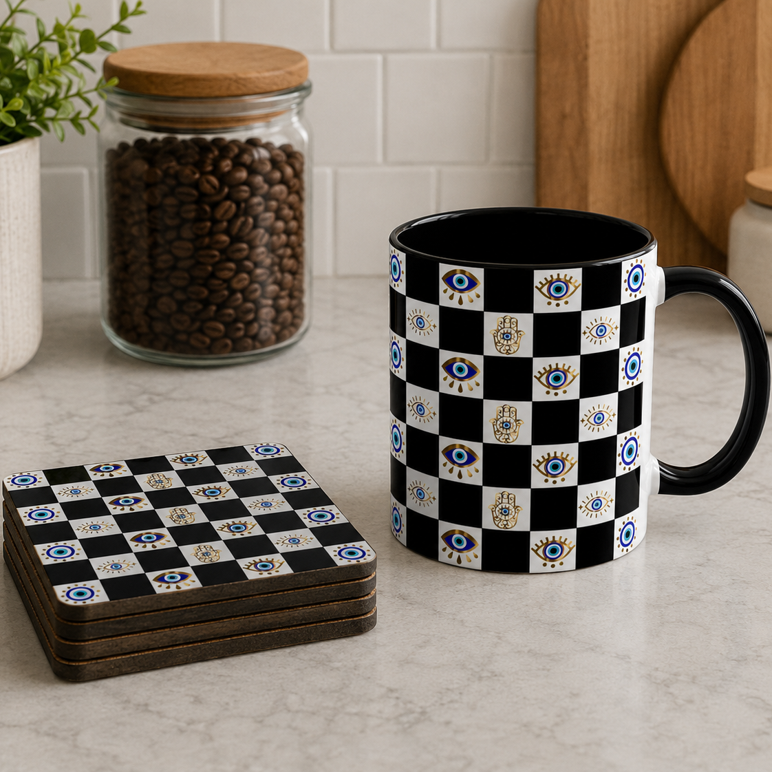 Black and white checkered mug and coasters on a kitchen counter with coffee beans and a plant in the background.