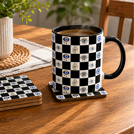 Checkered mug with decorative elements on a wooden table with a plant and coasters.