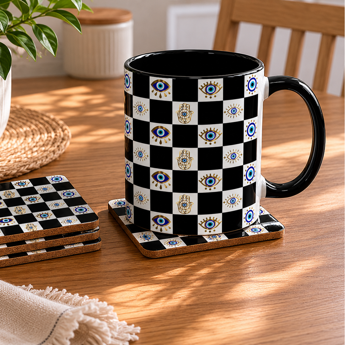 Black and white checkered mug with decorative elements on a wooden table.