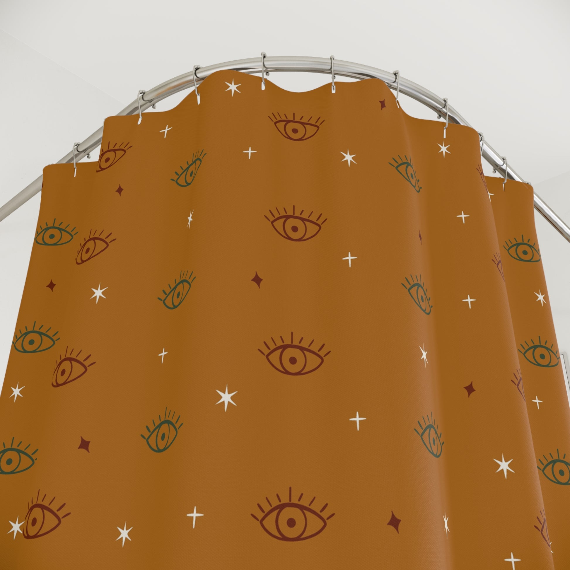 Mustard Yellow shower curtain with eye and star pattern 