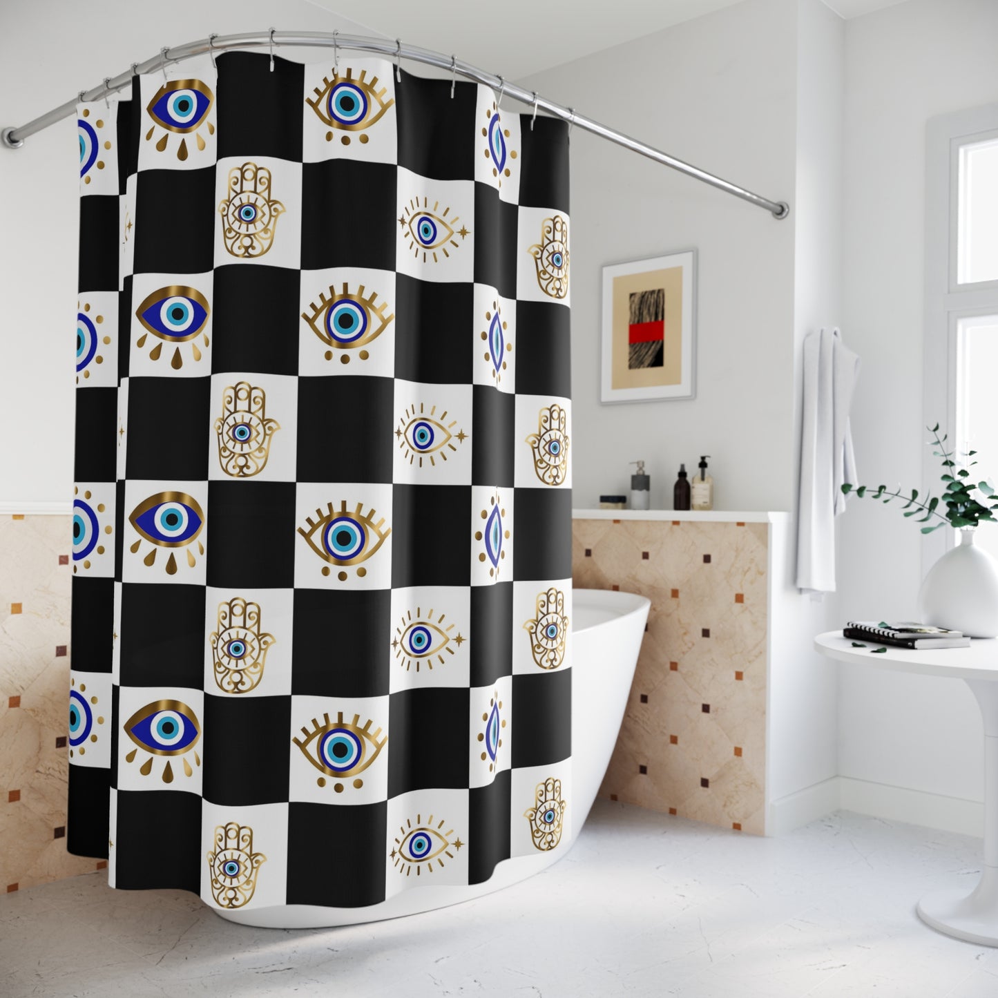 Shower curtain with eye and hand design in a bathroom setting