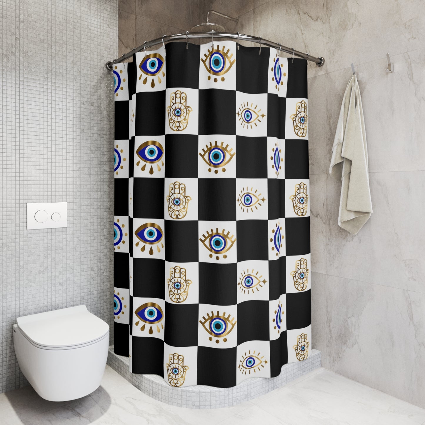Shower curtain with eye pattern in a bathroom setting