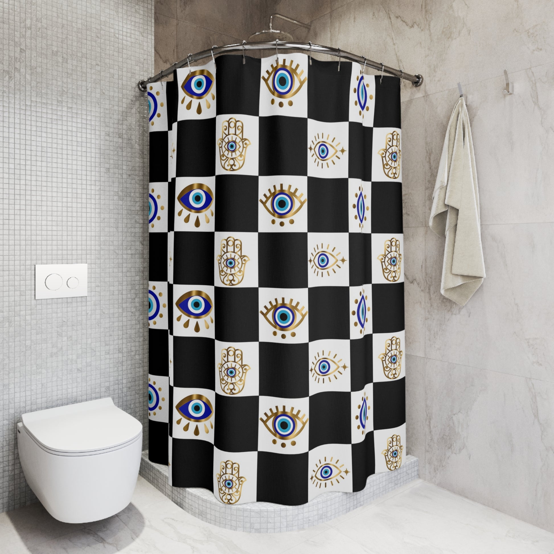 Shower curtain with eye pattern in a bathroom setting