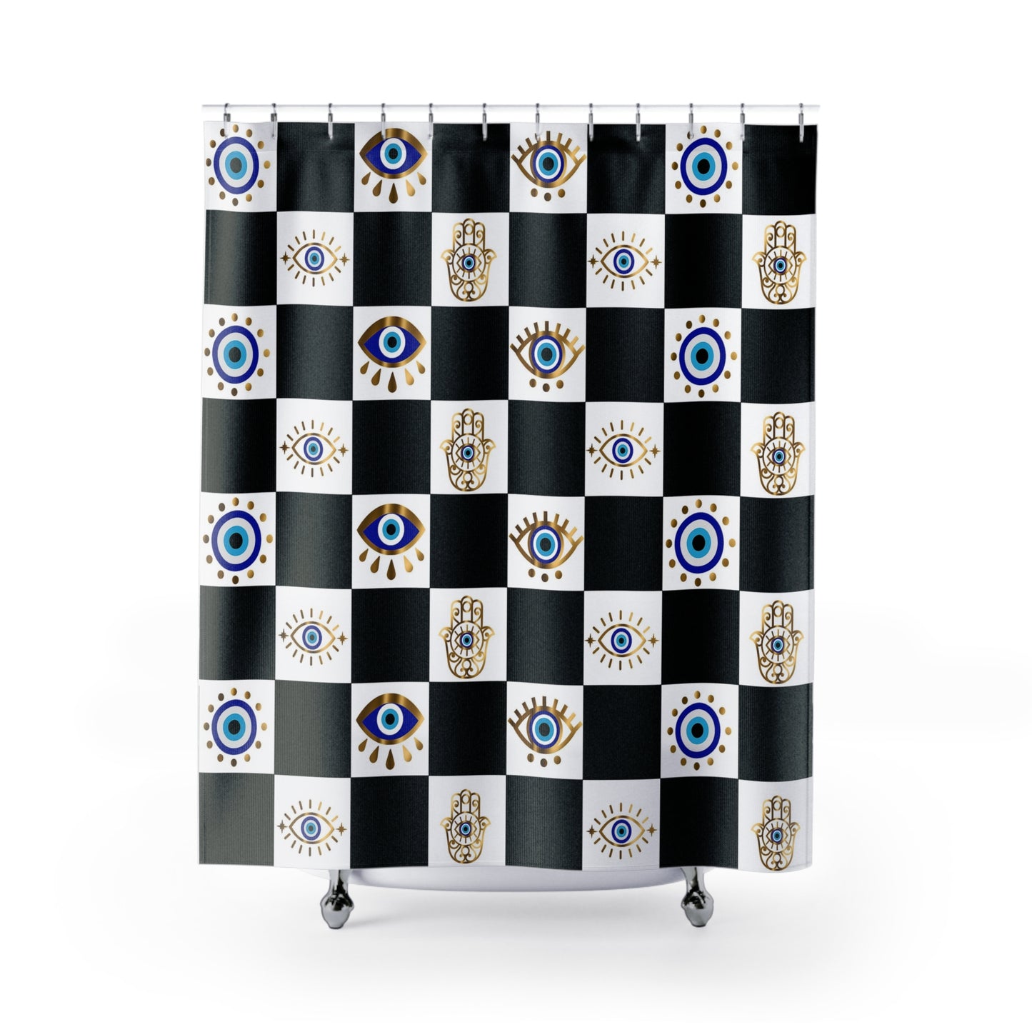 Shower curtain with black and white checkered pattern and eye designs on a white background