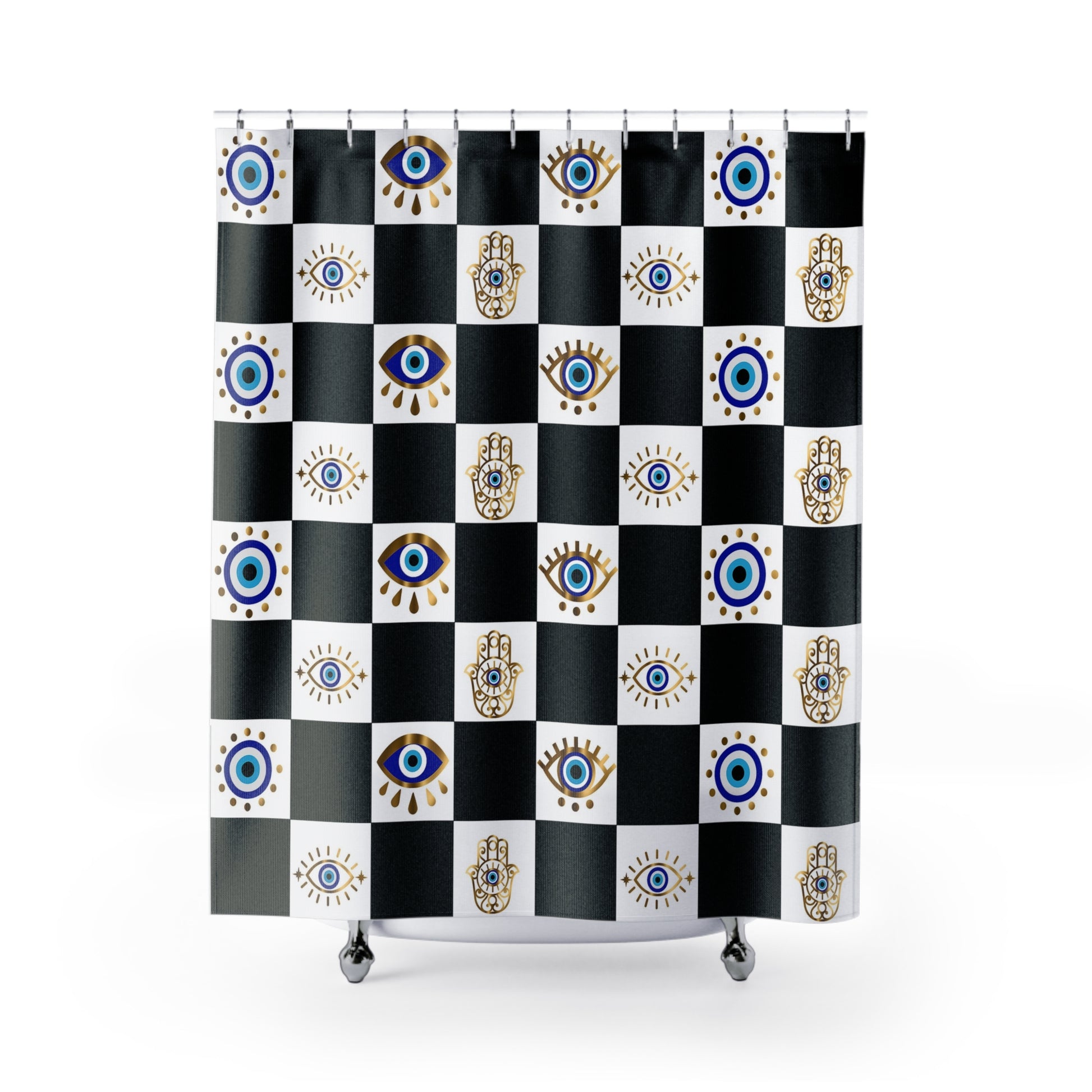 Shower curtain with black and white checkered pattern and eye designs on a white background