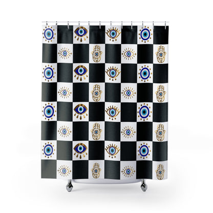 Shower curtain with black and white checkered pattern and eye designs on a white background