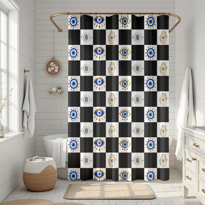 Bathroom with a decorative shower curtain featuring a black and white checkered pattern with blue and gold accents.