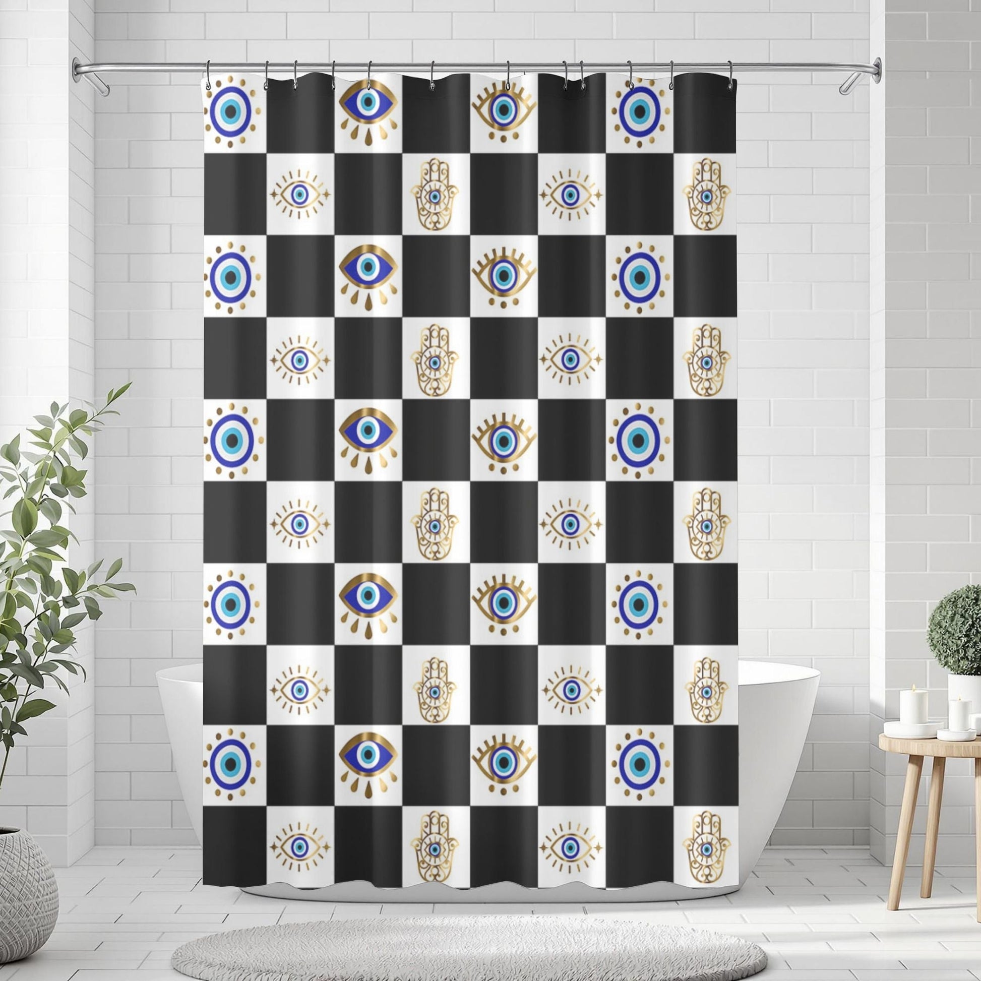 Checkered shower curtain with eye design in a bathroom setting