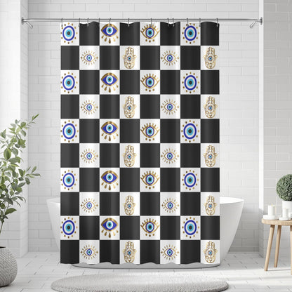 Checkered shower curtain with eye design in a bathroom setting