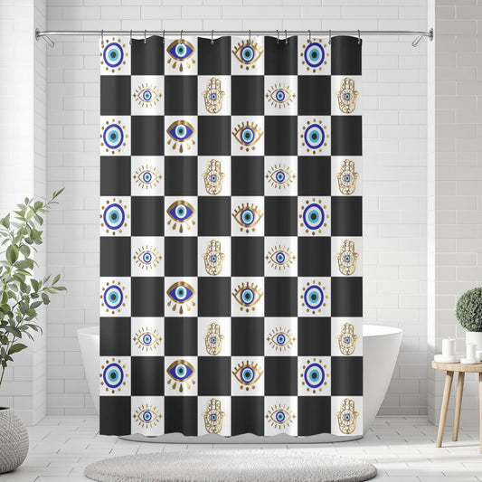 Checkered shower curtain with eye design in a bathroom setting