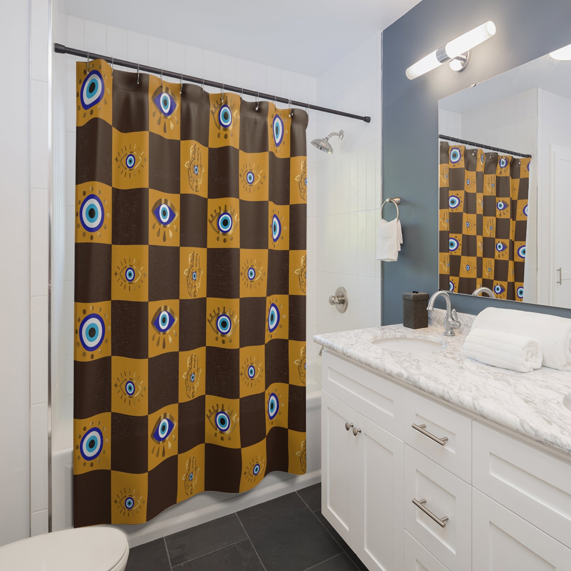 Bathroom with a checkered shower curtain featuring eye designs, white vanity, and mirror.