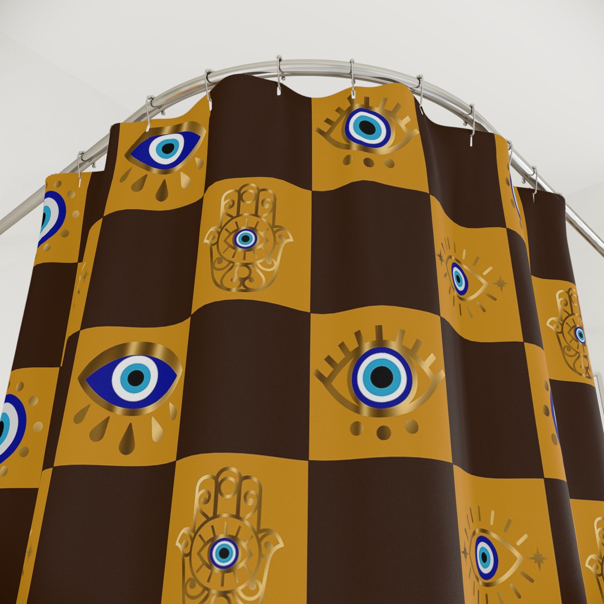 Protective Shower curtain with eye and hand design on a checkered pattern