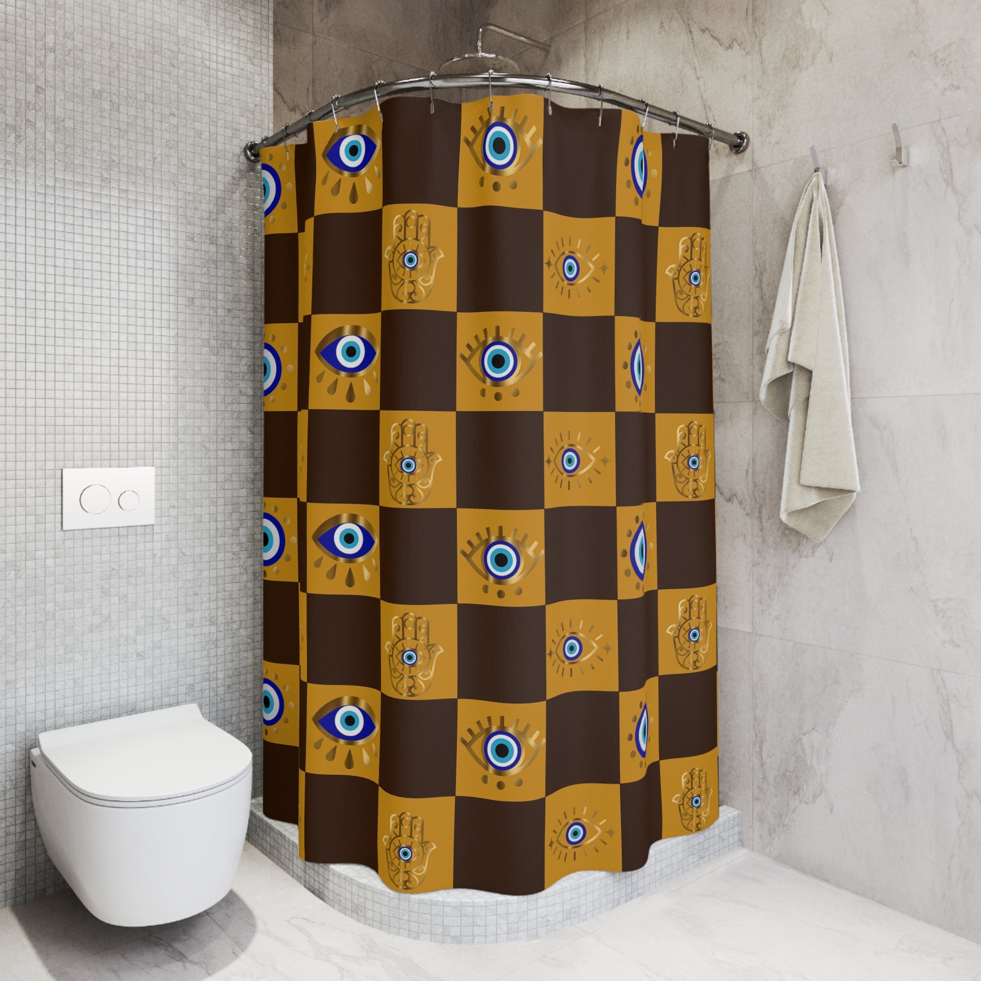 Celestial Shower curtain with eye pattern in a bathroom setting