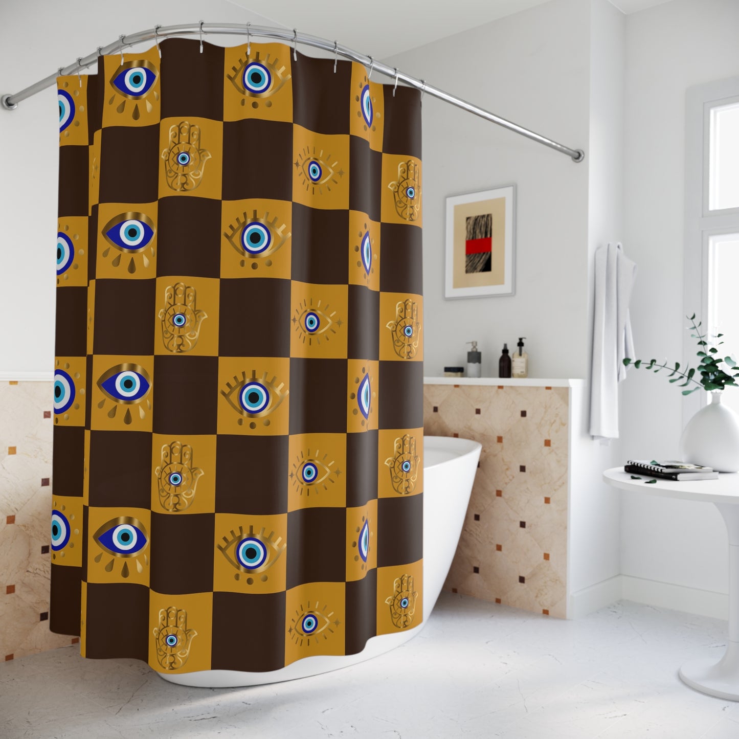 Spiritual Shower curtain with eye pattern in a bathroom setting