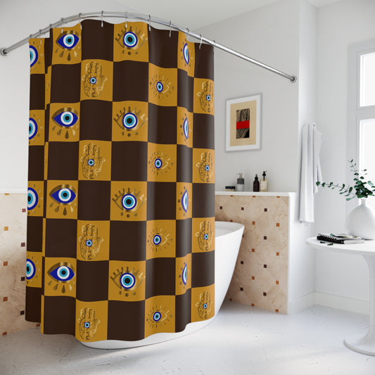 Spiritual Shower curtain with eye pattern in a bathroom setting