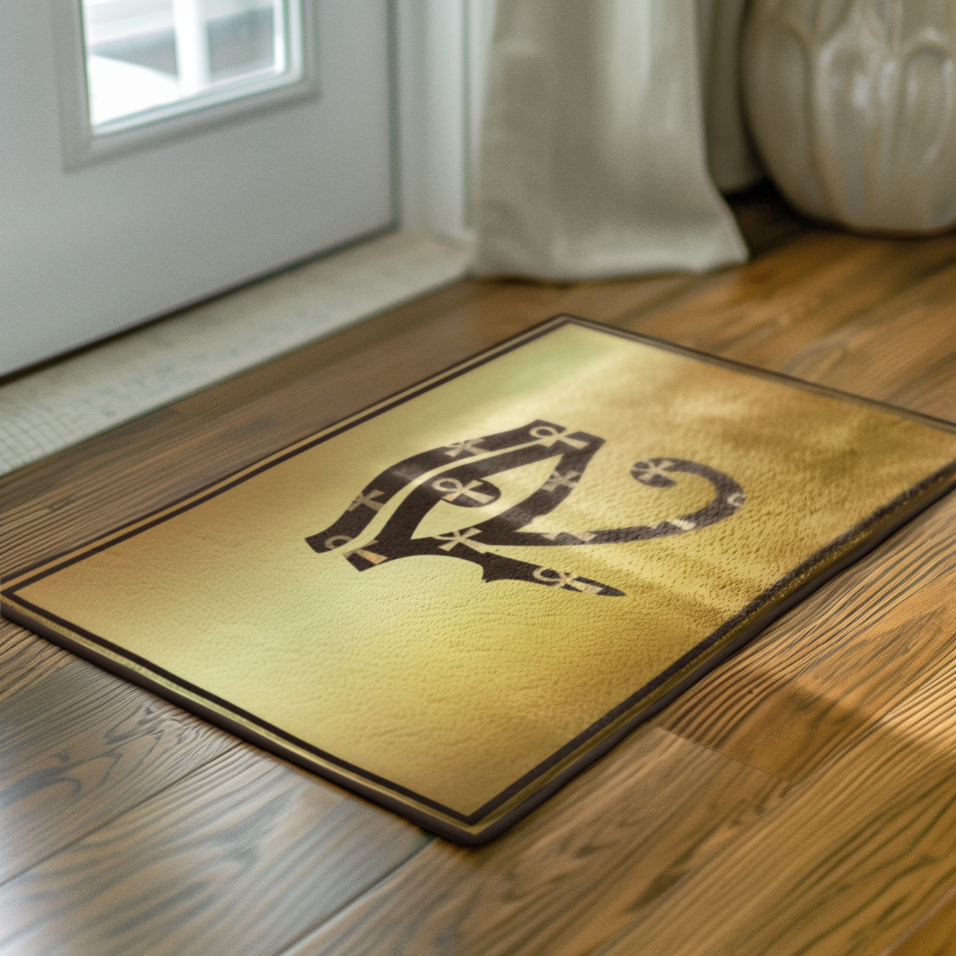 AI-generated doormat with abstract design on wooden floor by entrance and potted plant
