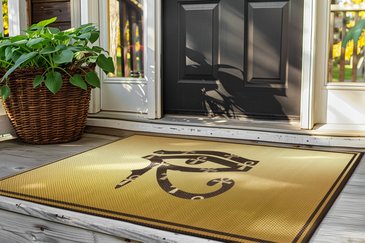Yellow floor mat with Eye of Horus design at house entrance, next to potted plant and black door