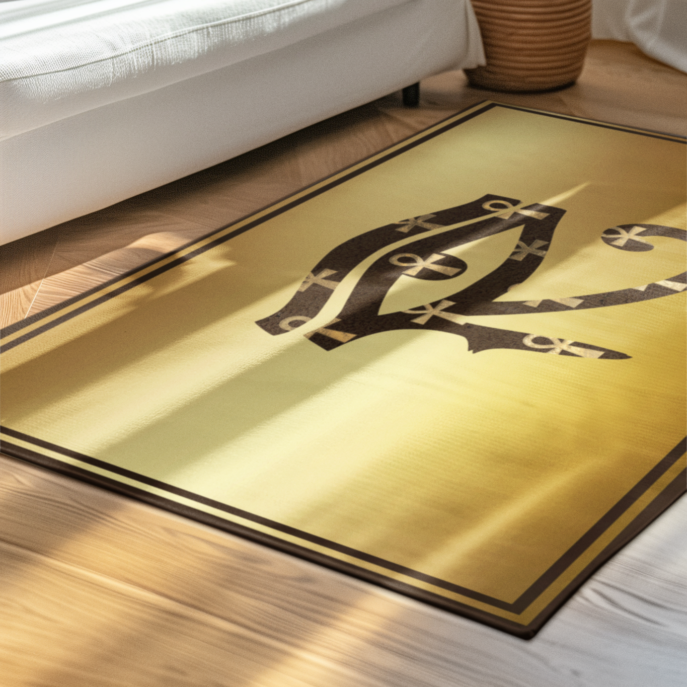 Modern floor mat with bold abstract design in a bright living room, white sofa, potted plant