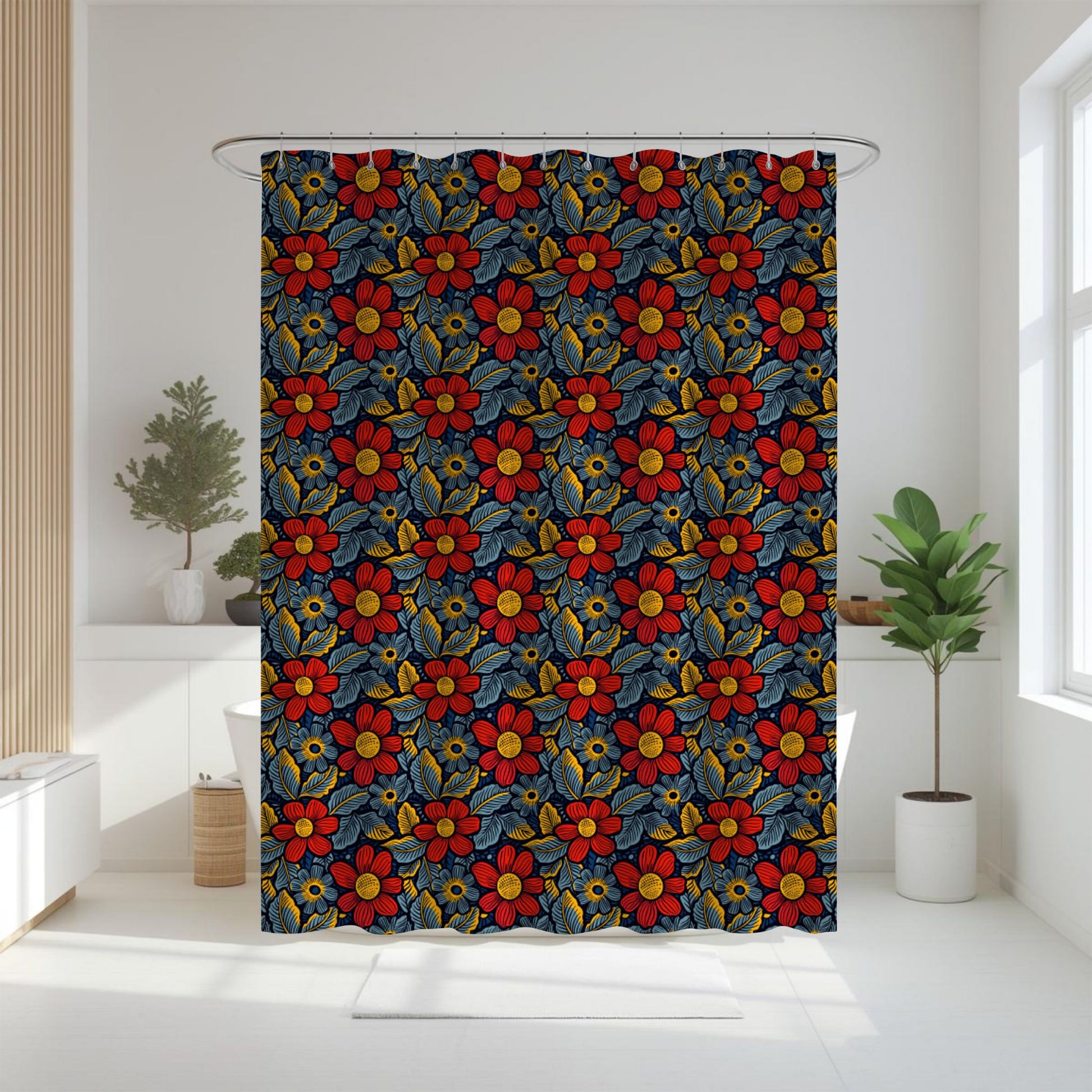 Shower curtain with a colorful floral pattern in a modern bathroom.