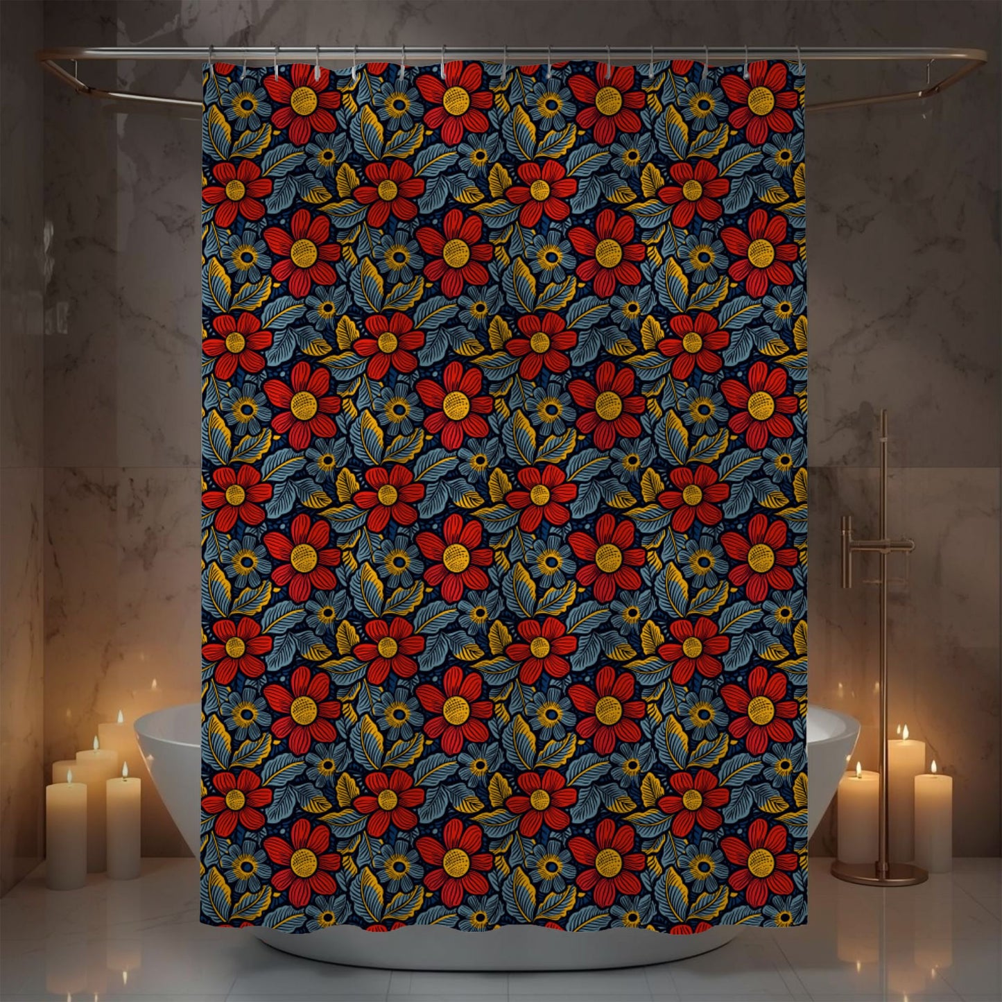 Colorful floral-patterned shower curtain in a bathroom setting with candles.