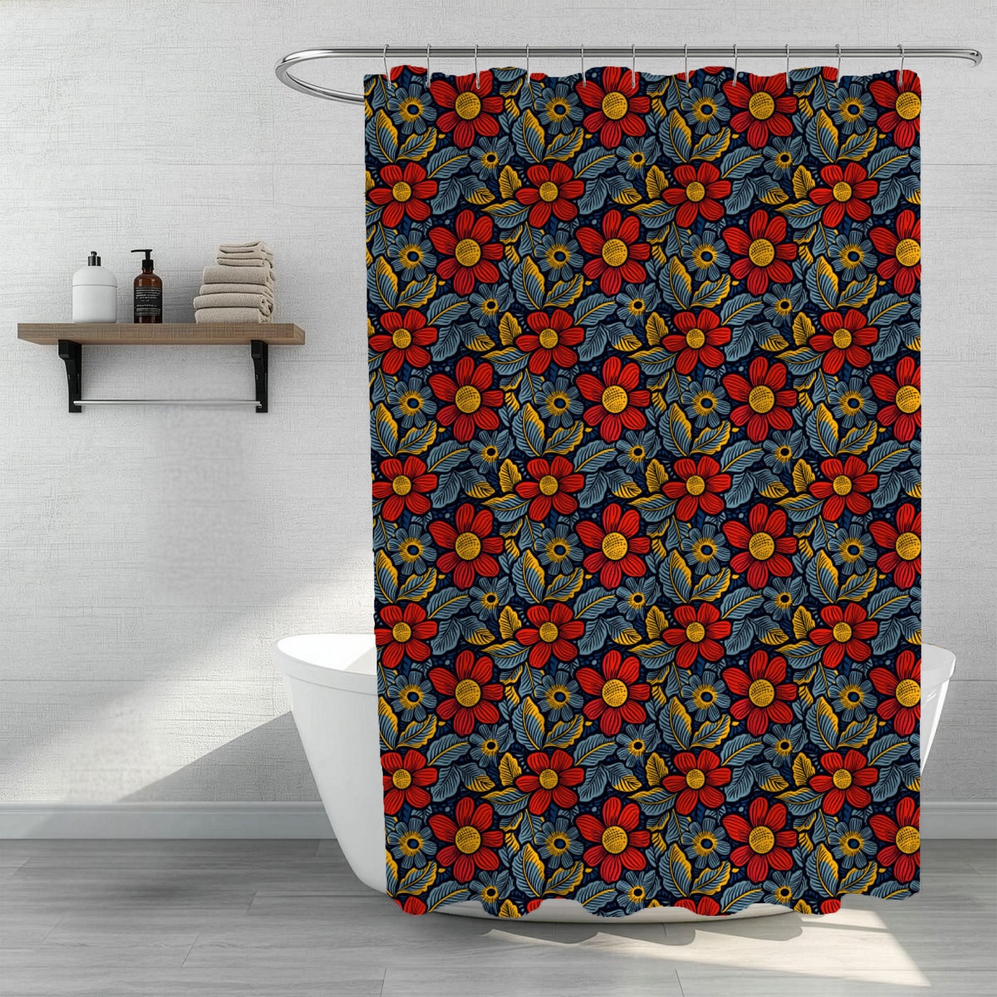 Shower curtain with floral pattern in red, blue, and yellow hanging in a bathroom.