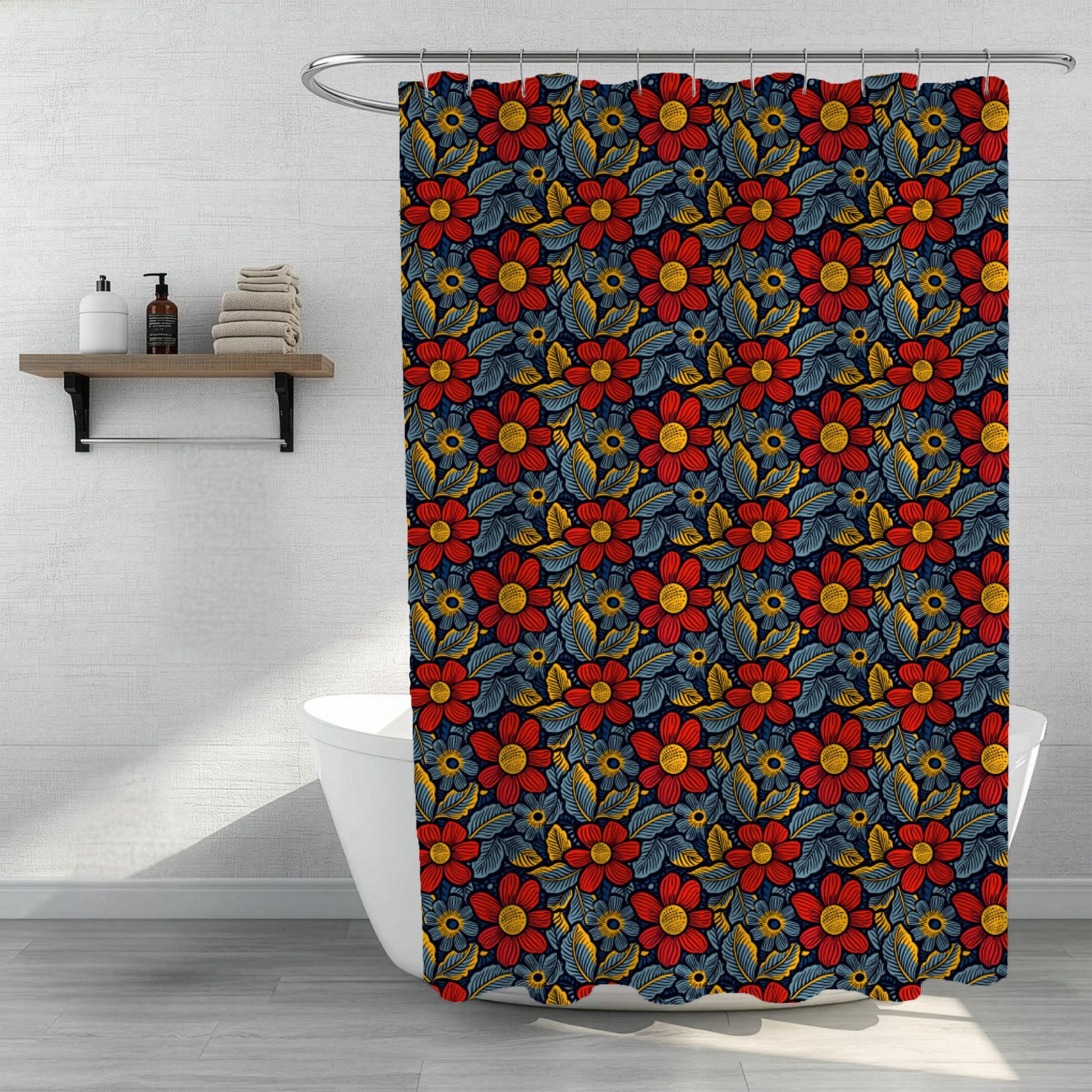 Shower curtain with floral pattern in red, blue, and yellow hanging in a bathroom.