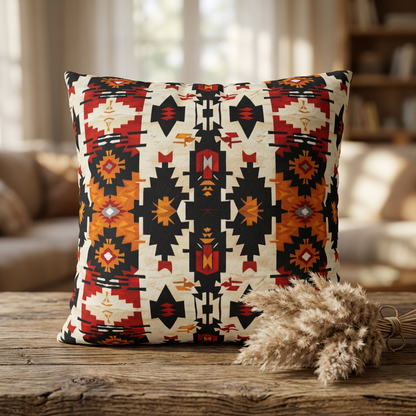 Decorative pillow with geometric pattern on a wooden surface