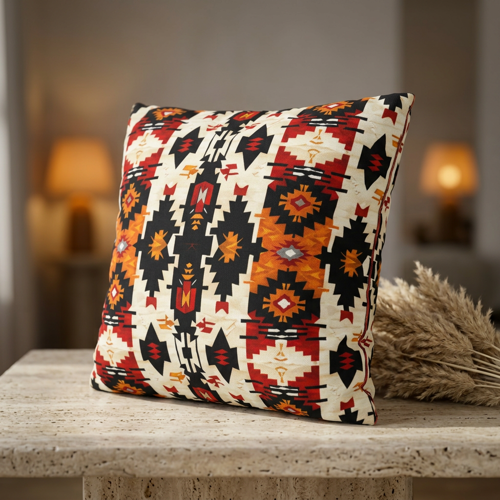 Decorative pillow with geometric pattern on a wooden surface