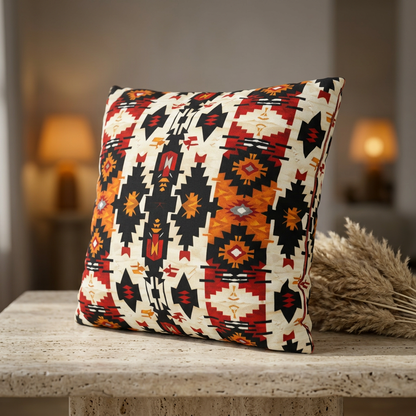 Decorative pillow with geometric pattern on a wooden surface