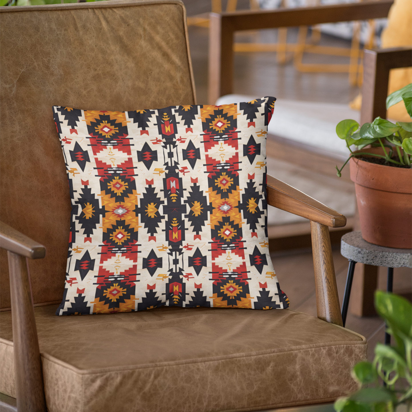 Decorative pillow with geometric pattern on a brown chair in a cozy indoor setting.