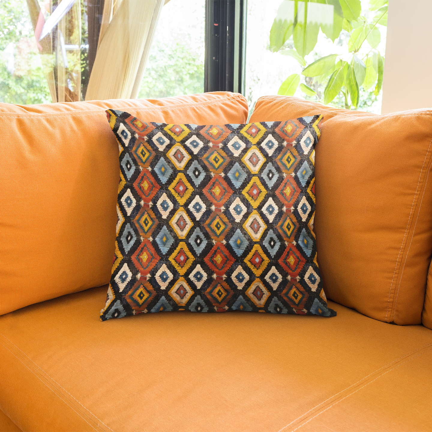 Orange sofa with a Berber patterned pillow in a room with windows and greenery outside.