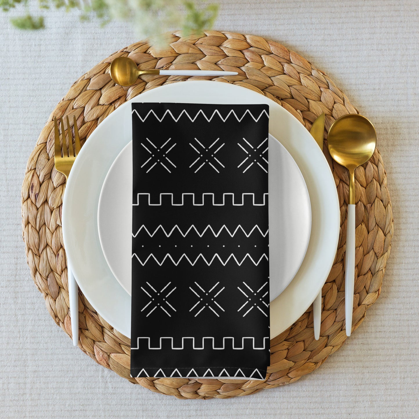 African mudcloth napkins with geometric tribal design for dining décor.