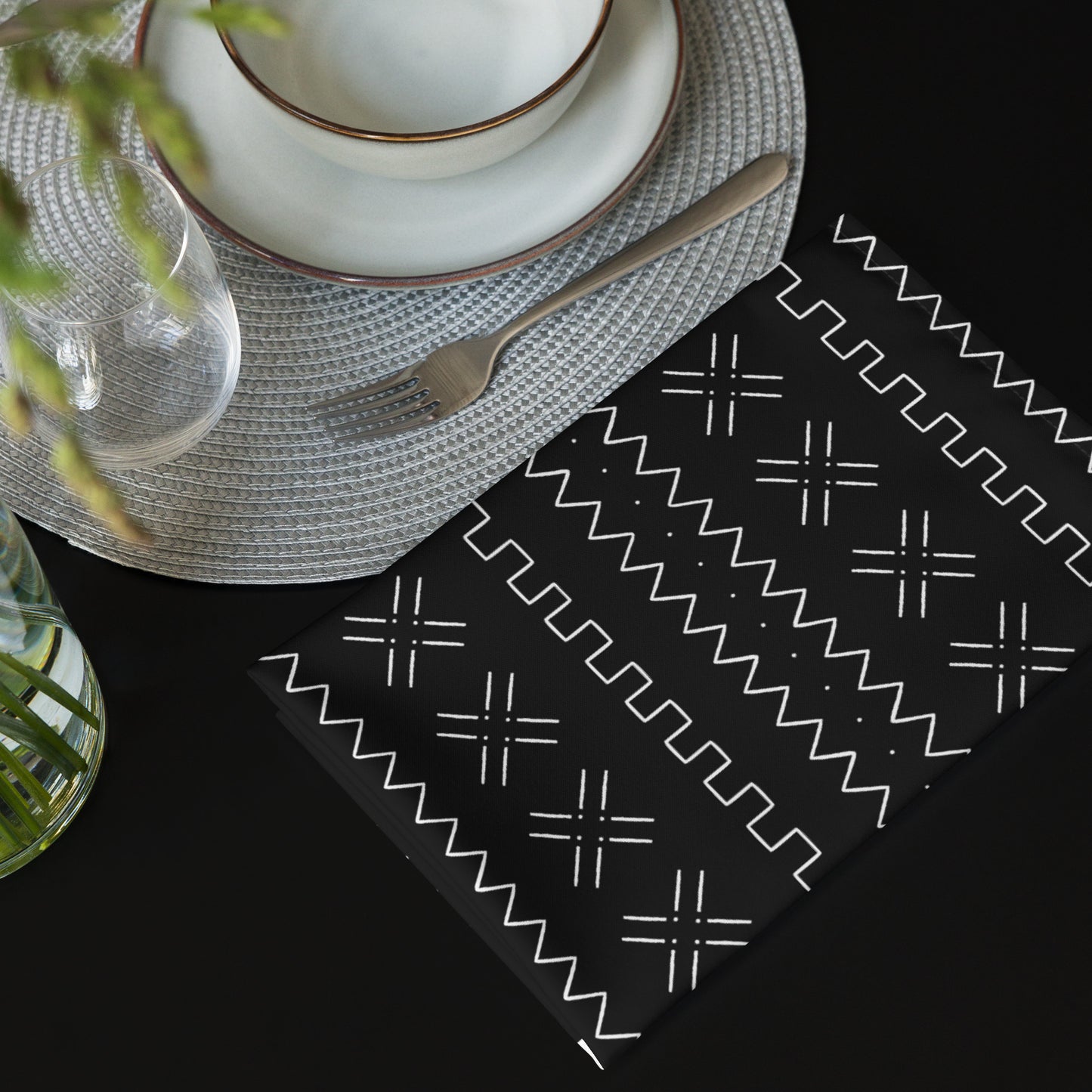 African print cloth napkins in mudcloth pattern for cultural dining table décor.