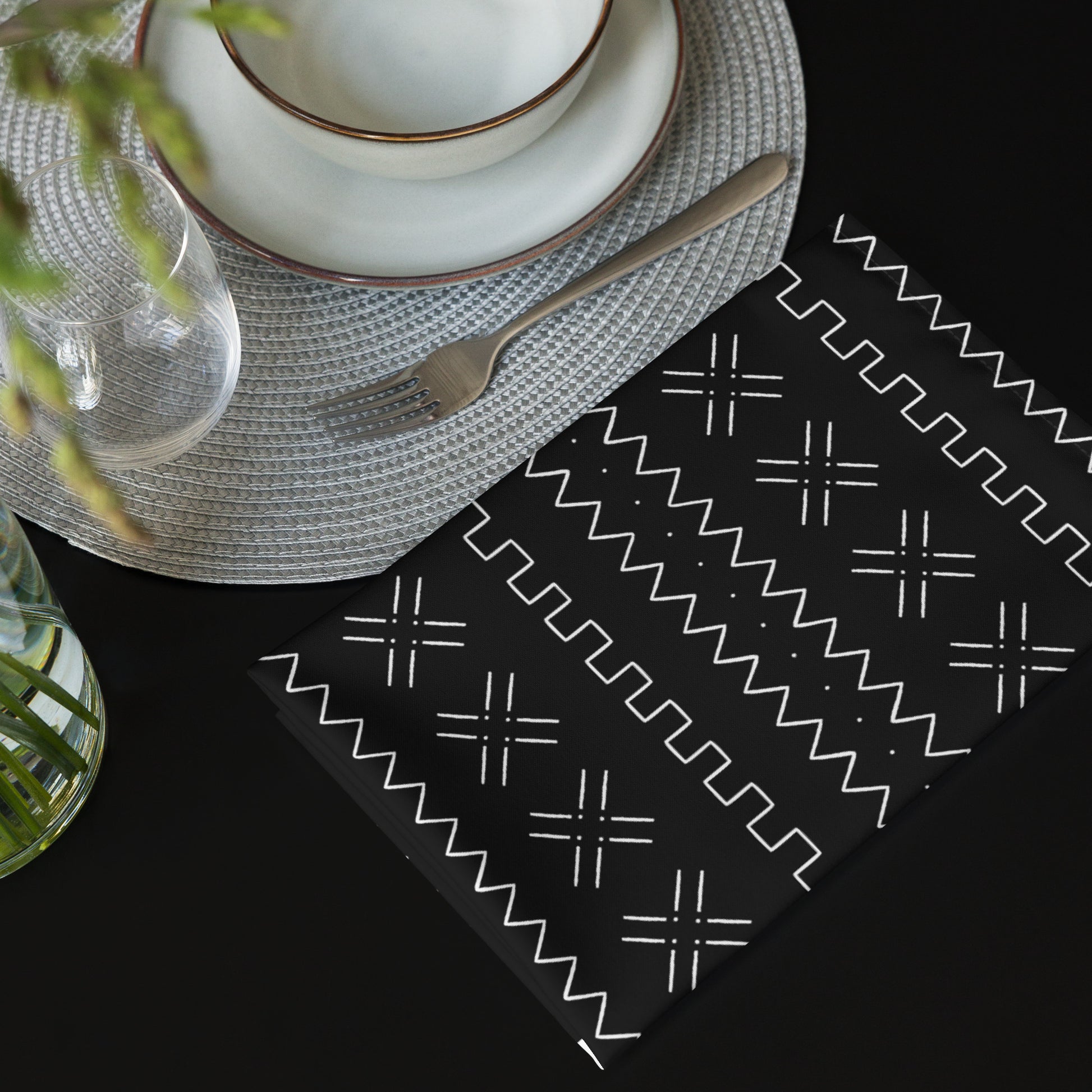 African print cloth napkins in mudcloth pattern for cultural dining table décor.