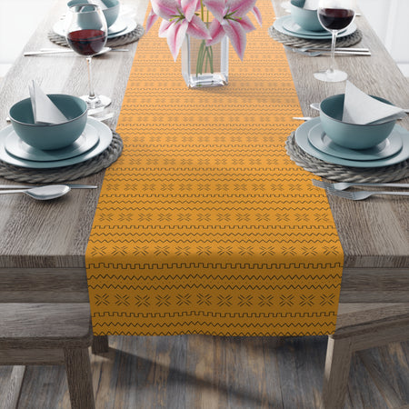 African mudcloth table runner with geometric tribal design for dining décor.