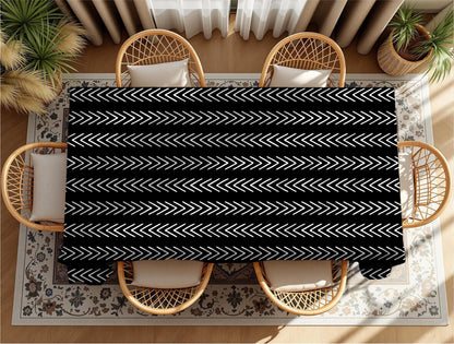 Cultural print tablecloth styled with napkins and placemats