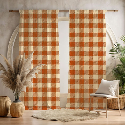 Plaid curtains in a room with decor elements like a chair, plants, and vases.