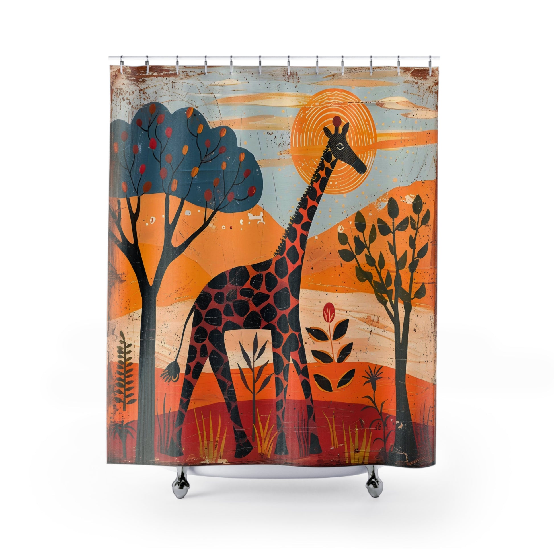 Shower curtain with a giraffe and trees design on an orange and blue background