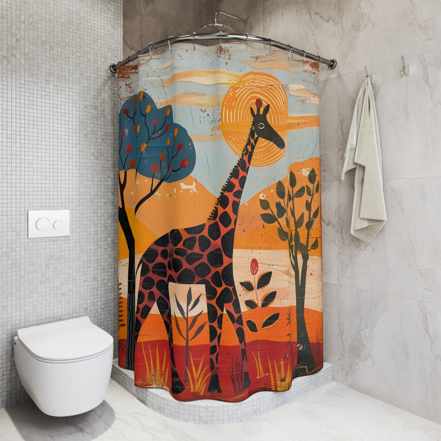 Shower curtain with a giraffe design in a bathroom setting