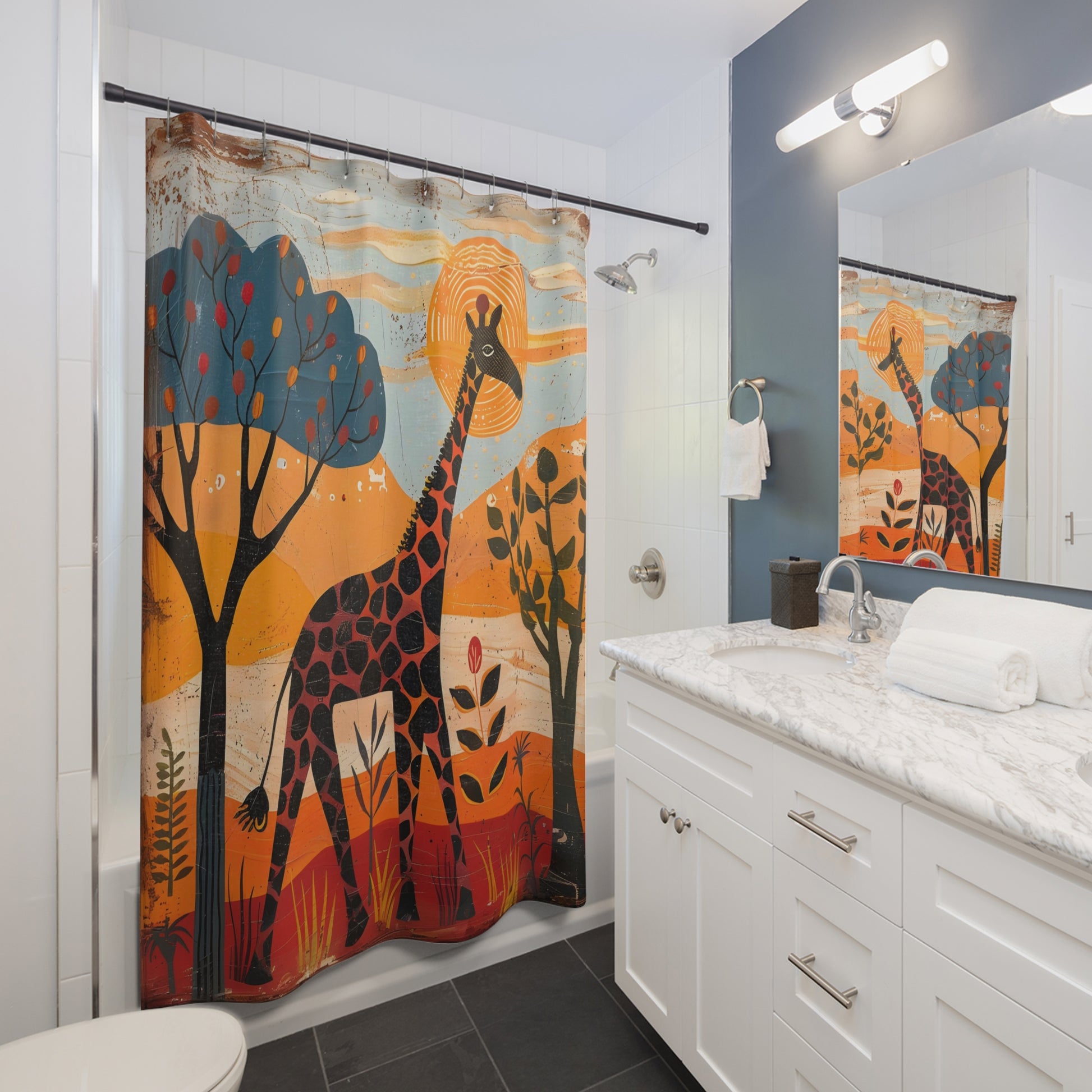 Bathroom with a colorful shower curtain featuring giraffes and trees, white vanity, and mirror.