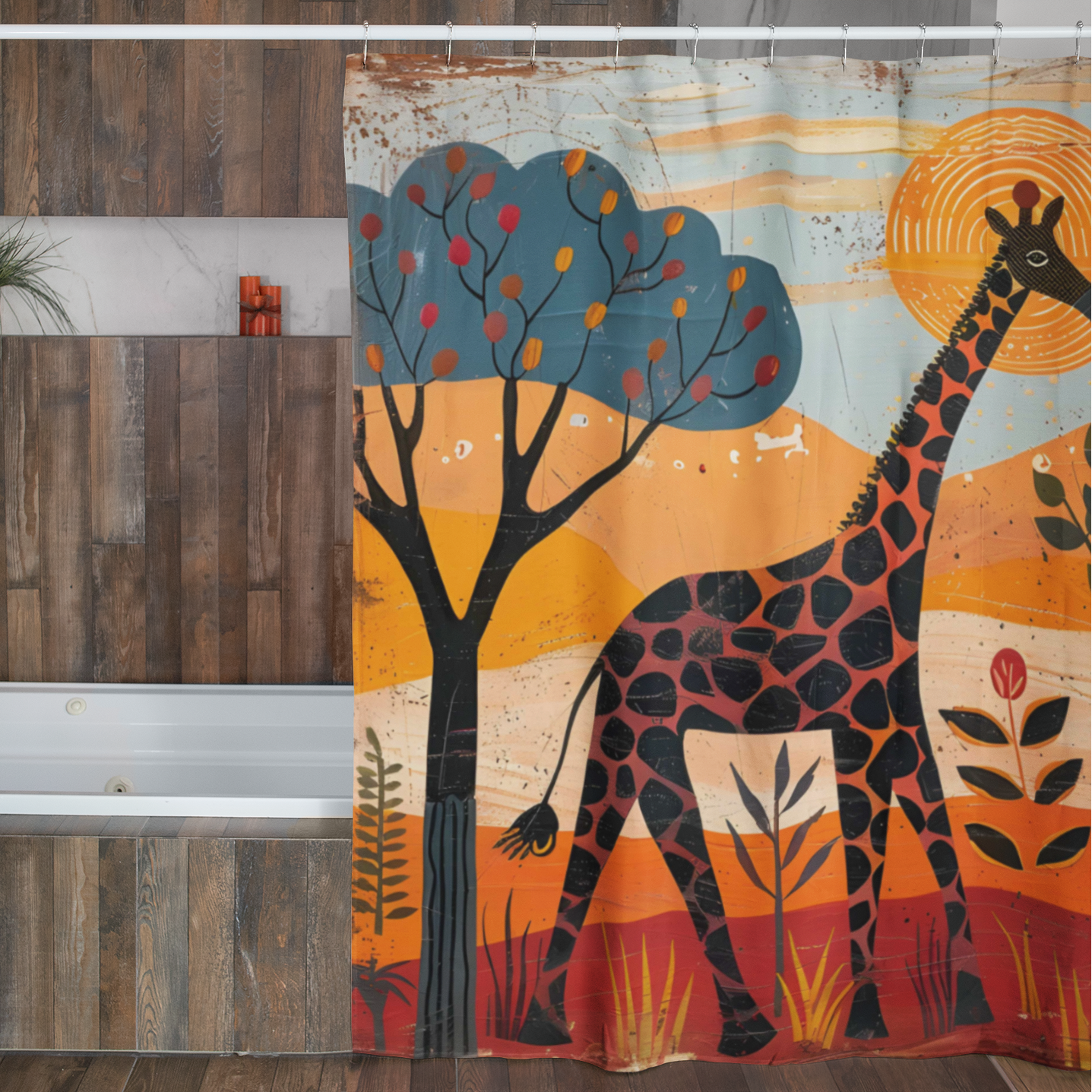Bathroom with a wooden vanity and a giraffe-themed shower curtain.