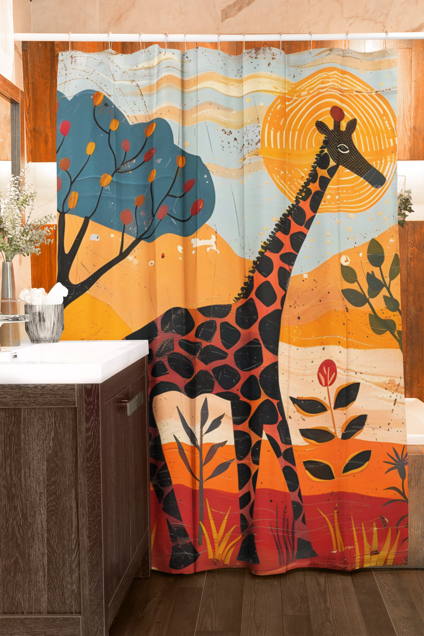 Bathroom with a colorful shower curtain featuring a giraffe and nature elements.