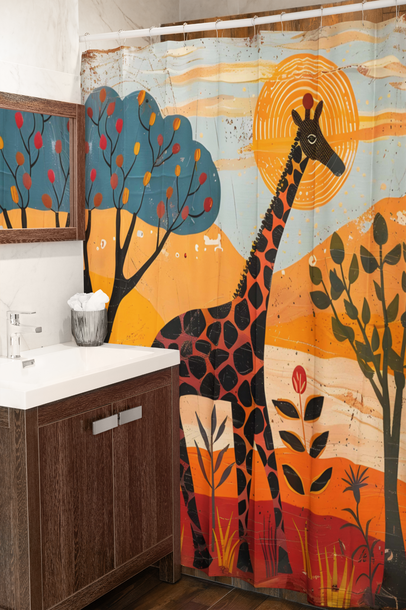 Shower curtain with a giraffe and nature design in a bathroom setting