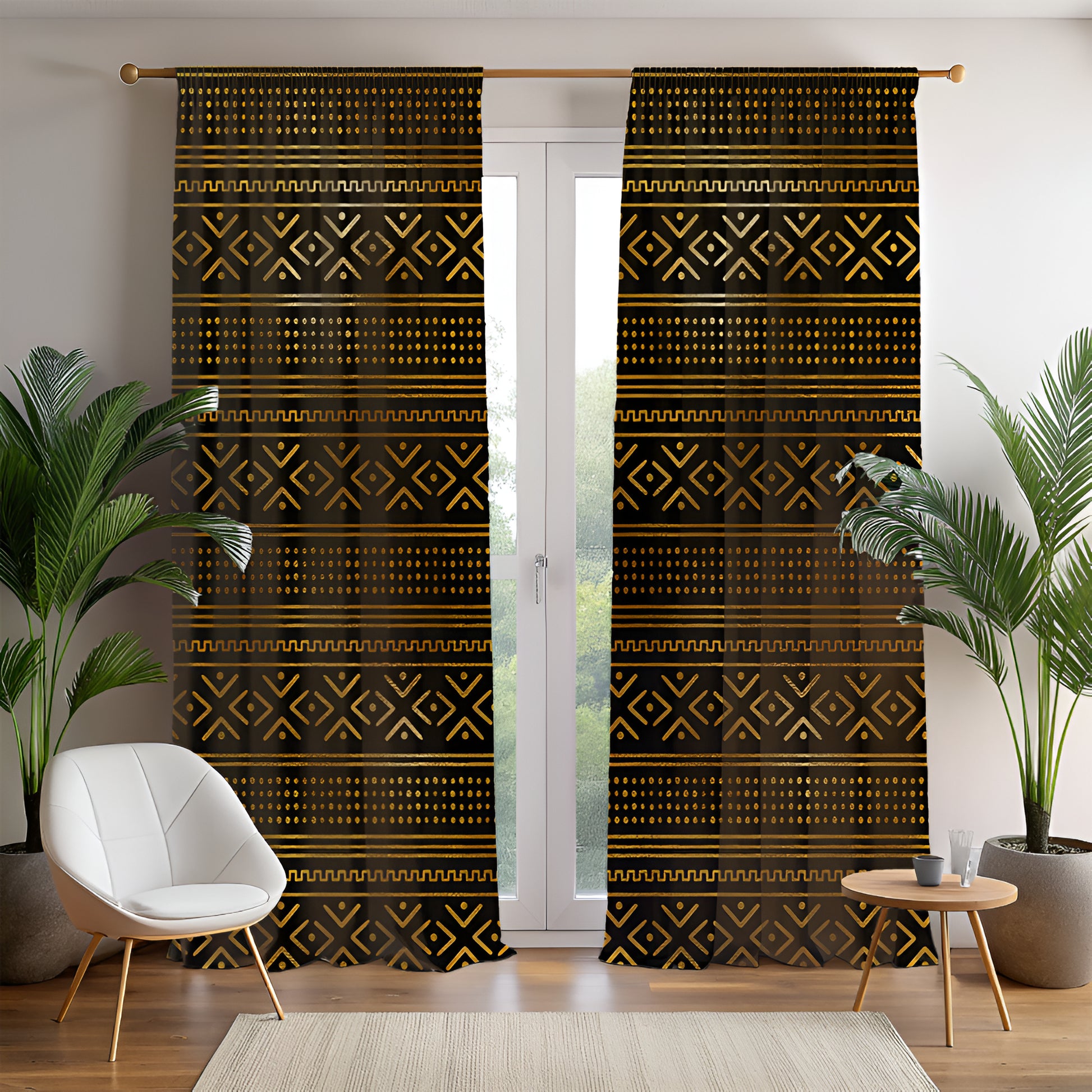 Gold African Window Curtain-Mudcloth Pattern-Sanktuari Decor