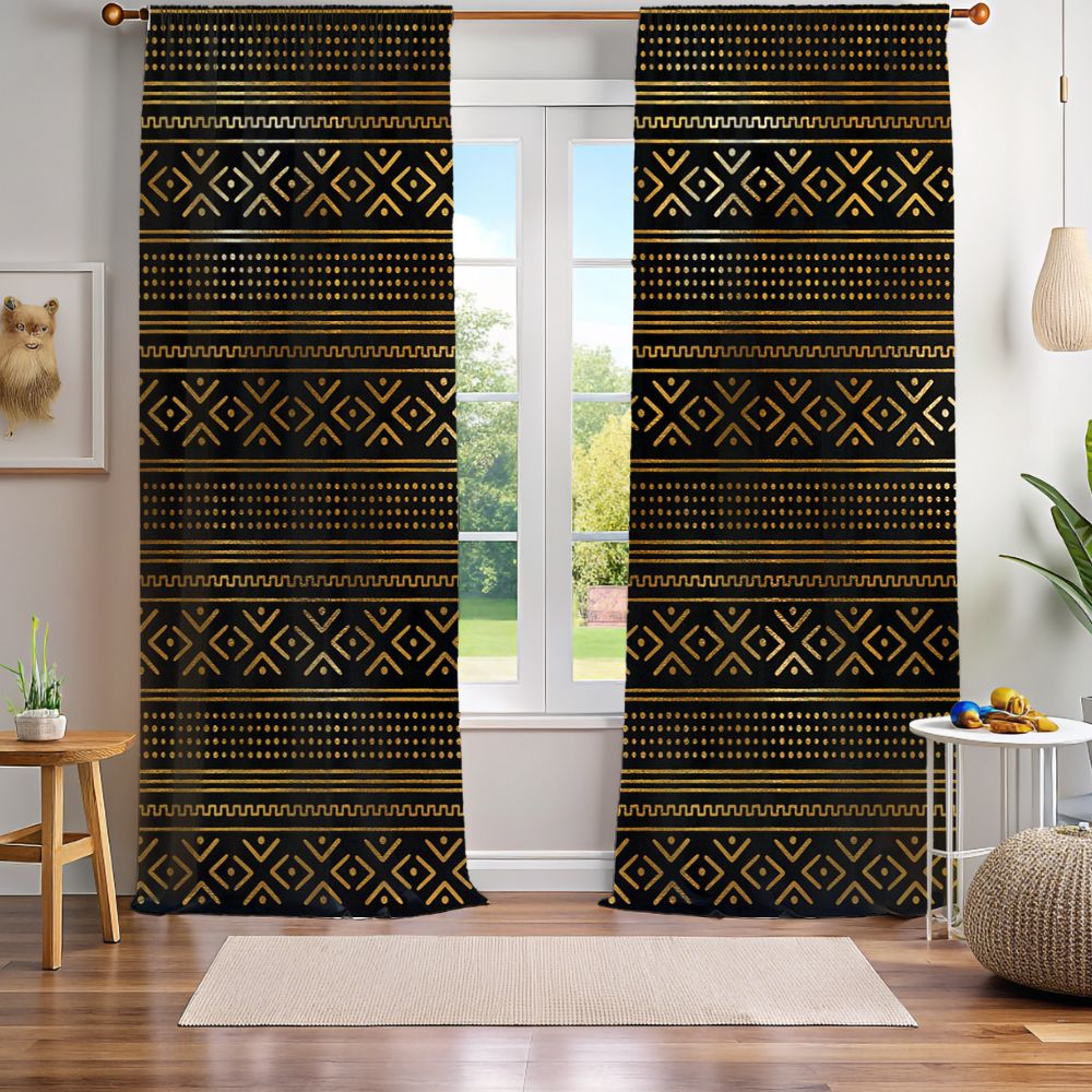 Gold African Window Curtain-Mudcloth Pattern-Sanktuari Decor